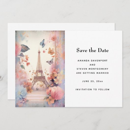 Eiffeltoren Vlinders en bloemen bruiloft Save The Date (Voorkant / Achterkant)