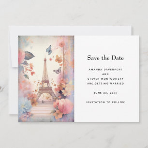 Eiffeltoren Vlinders en bloemen bruiloft Save The Date