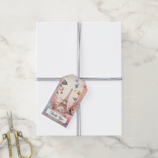 Eiffeltoren Vlinders en bloemen Dank u Cadeaulabel (Met Touw)