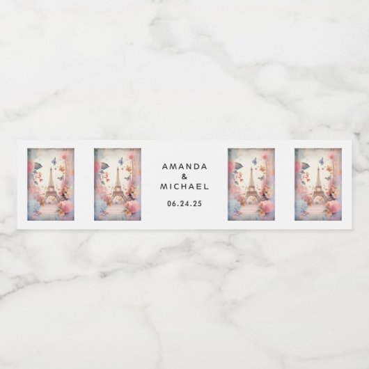 Eiffeltoren Vlinders en bloemen - Huwelijk Waterfles Etiket (Enkel label)