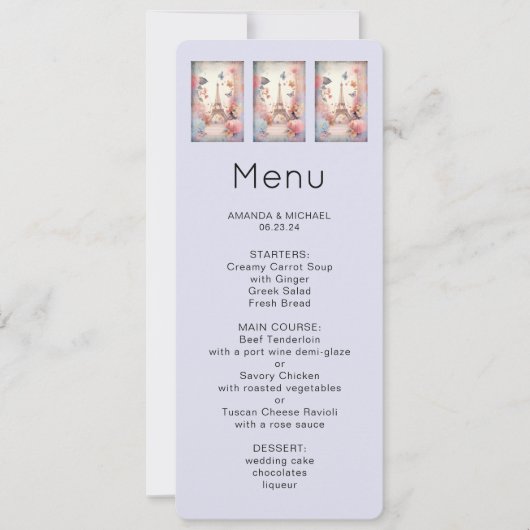 Eiffeltoren Vlinders en Bloemen Menu Kaart (Voorkant)