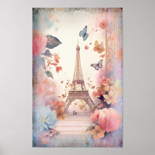 Eiffeltoren Vlinders en Bloemen Poster (Voorkant)