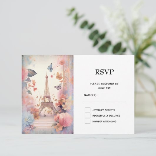 Eiffeltoren Vlinders en bloemen RSVP Kaartje (Staand voorkant)