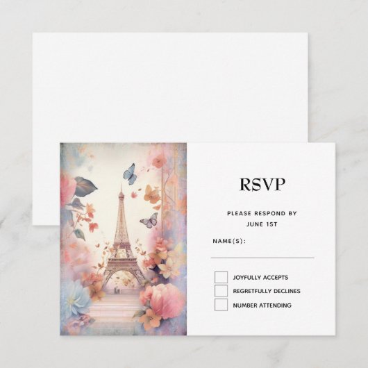 Eiffeltoren Vlinders en bloemen RSVP Kaartje (Voorkant / Achterkant)
