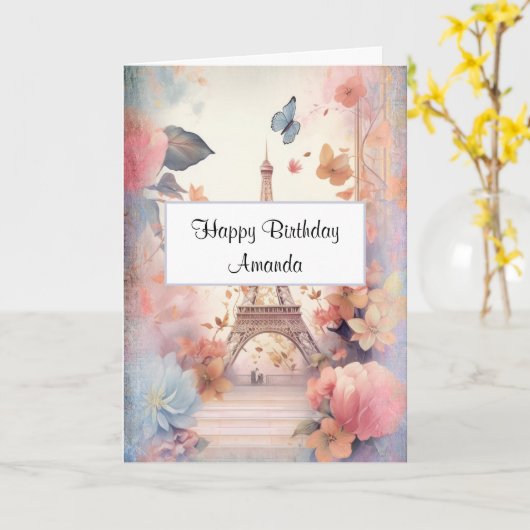 Eiffeltoren Vlinders en bloemen Verjaardag Kaart (Gele Bloem)