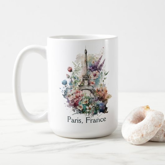Eiffeltoren Waterverf Florals, Parijs Frankrijk Koffiemok (Met donut)