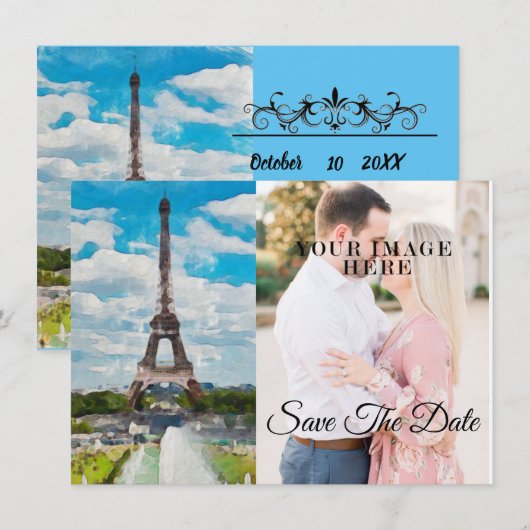Eiffeltoren Waterverf Volledige foto Opslaan van d Save The Date (Voorkant / Achterkant)