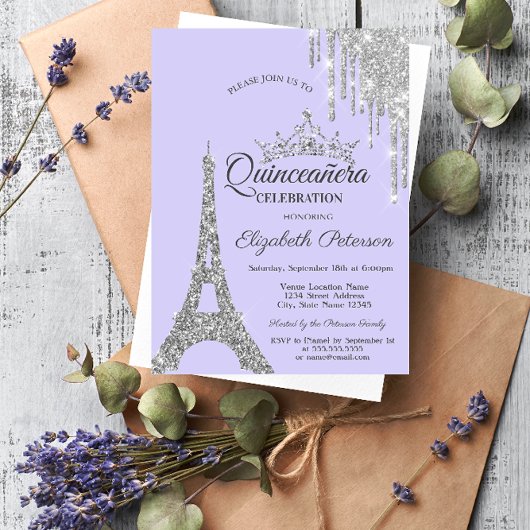Eiffeltoren, Zilveren druppels Lavander Quinceañer Kaart