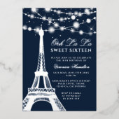 Eiffeltoren zilveren glitter licht blauw Sweet 16 Folie Uitnodiging (Voorkant)