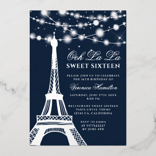 Eiffeltoren zilveren glitter licht blauw Sweet 16 Folie Uitnodiging (Voorkant)