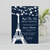 Eiffeltoren zilveren glitter licht blauw Sweet 16 Folie Uitnodiging (Staand Voorkant)