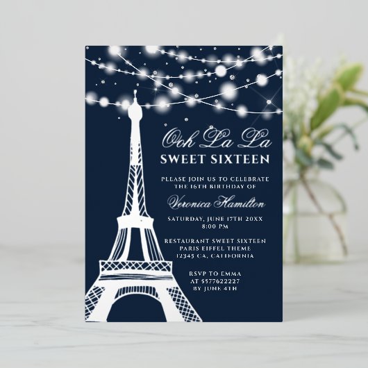 Eiffeltoren zilveren glitter licht blauw Sweet 16 Folie Uitnodiging (Staand Voorkant)