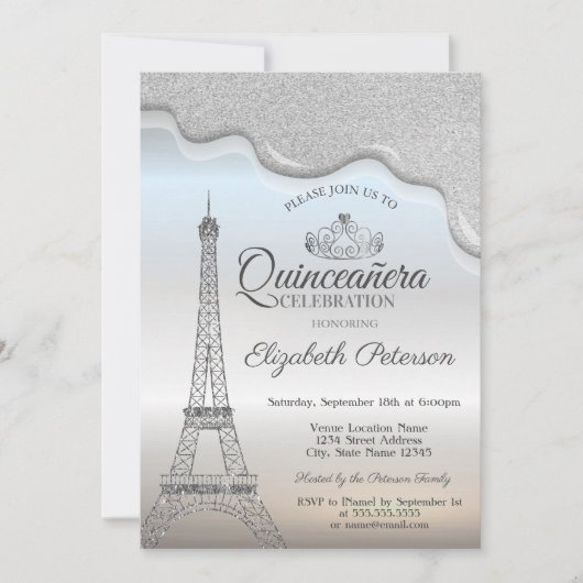 Eiffeltoren, zilveren schijven Quinceañera Kaart (Voorkant)
