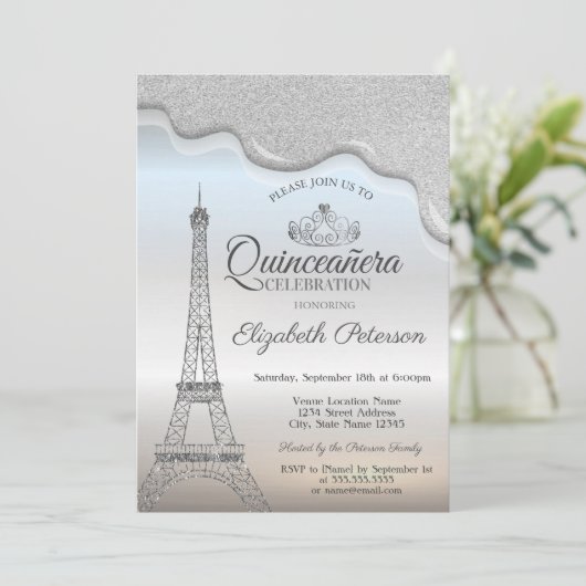 Eiffeltoren, zilveren schijven Quinceañera Kaart (Staand voorkant)