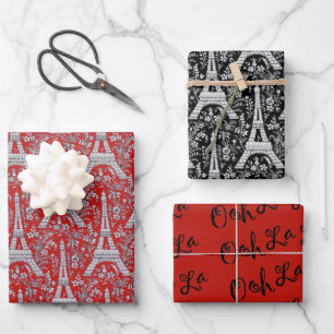 Eiffeltorens en bloemen rood en zwart inpakpapier vel