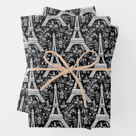 Eiffeltorens en bloemen zwart inpakpapier vel (In situ)