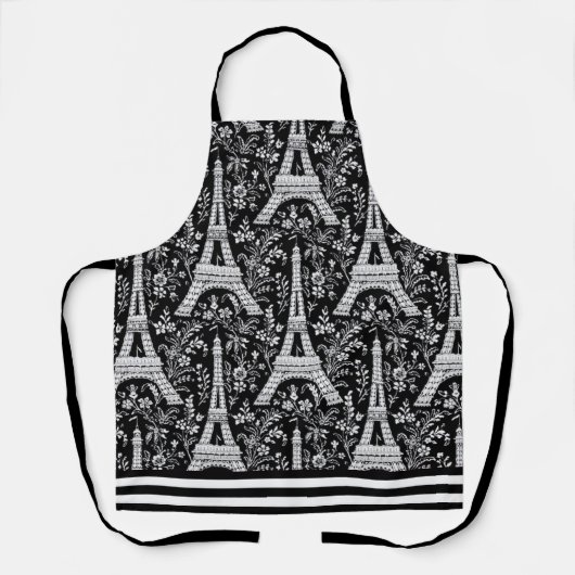 Eiffeltorens en bloemen zwart schort (Voorkant)