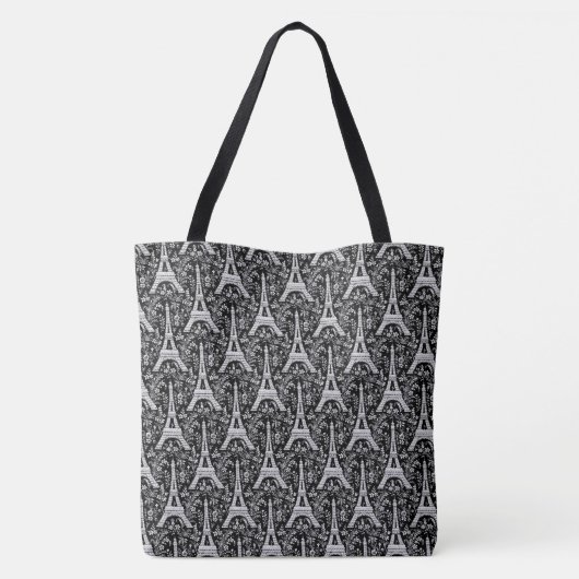 Eiffeltorens en bloemen zwart tote bag (Achterkant)
