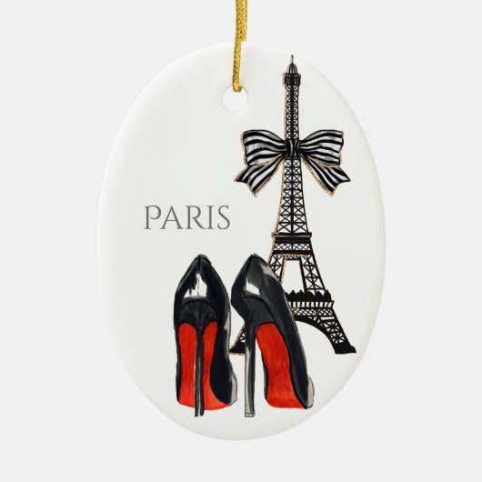 Eiffeltower en High Heels Red, Zwarte Kerstmis Keramisch Ornament (Voorkant)