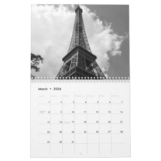 Eiffeltower voor zwart-wit Parijs Kalender (Mar 2026)