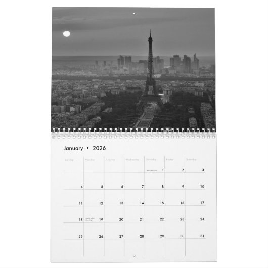 Eiffeltower voor zwart-wit Parijs Kalender (Jan 2026)