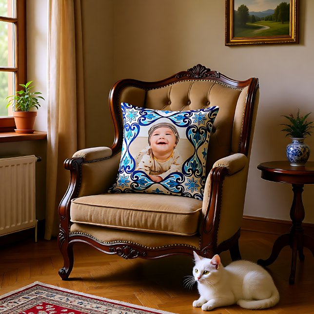 Eigen afbeelding, blauw en wit Azulejos Kussen (Own picture, blue and white Azulejos Throw Pillow)