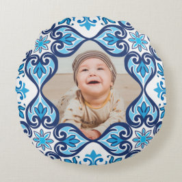 Eigen afbeelding, blauw en wit Azulejos Rond Kussen