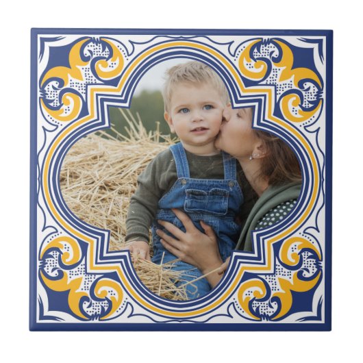 Eigen afbeelding, blauw, geel en wit tegeltje (Voorkant)