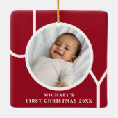 Eigen babyjongen's eerste kerstfoto Rood Keramisch Ornament (Achterkant)