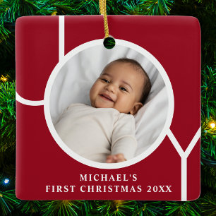 Eigen babyjongen's eerste kerstfoto Rood Keramisch Ornament