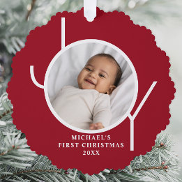 Eigen babyjongen's eerste kerstfoto Rood Ornament Kaart