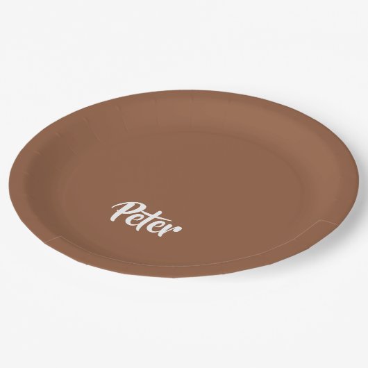 Eigen benaming voor chocolade-bruin papieren bordje (Gekanteld)