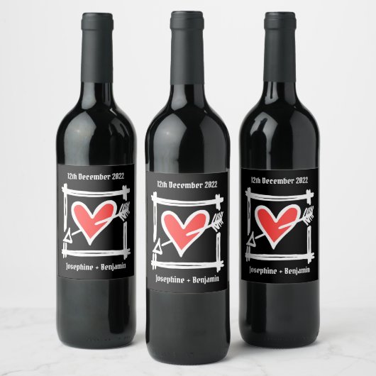 Eigen bruiloft Liefde Heart Black & Red Bottle Lab Wijn Etiket (Flessen)