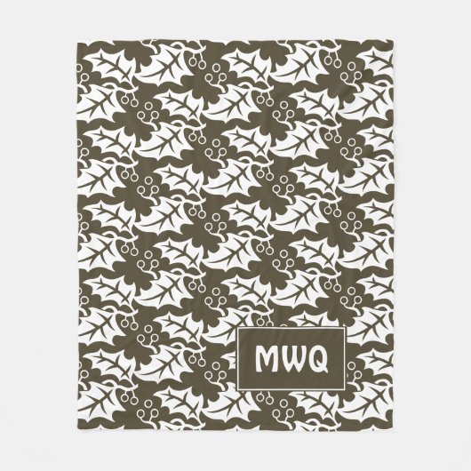 Eigen bruine MONOGRAM Holly Leaves Fleece Deken (Voorkant)