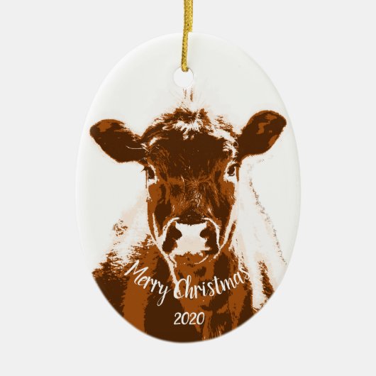 Eigen datum kerstKoe Boerderij Dier Keramisch Ornament (Voorkant)