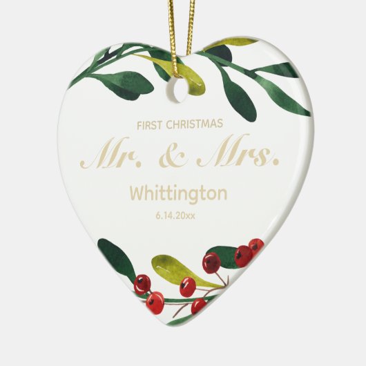 Eigen eersteklas kerstbruiloft Gold Green Keramisch Ornament (Links)