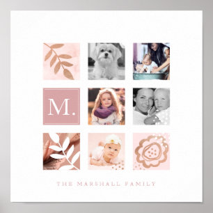 Eigen familie Foto collage Monogram Floral Theme Poster