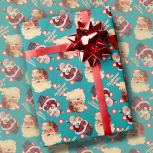 Eigen familienaam Retro Santa Claus Kerstmis Cadeaupapier
