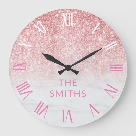 Eigen familienaam Roos Gold Glitter en marmer Grote Klok (Voorkant)