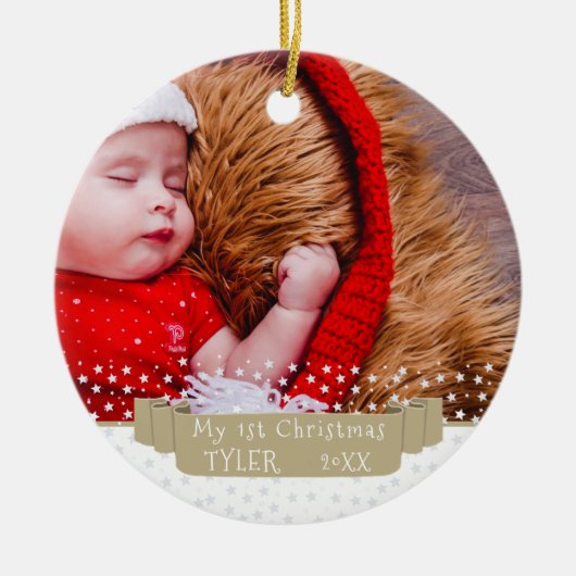 Eigen feestelijke Baby eerste kerstfoto Keramisch Ornament (Voorkant)