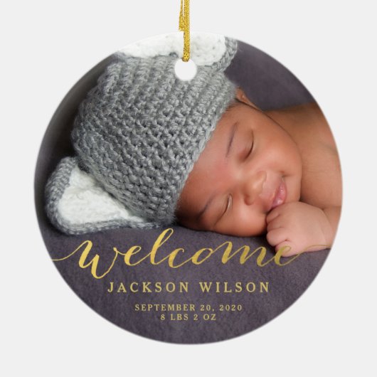 Eigen foto-Baby Aankondiging gouden script Keramisch Ornament (Achterkant)