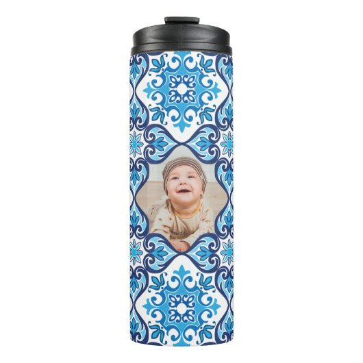 Eigen foto, blauwe en witte Azulejos Thermosbeker (Voorkant)