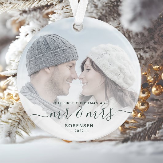 Eigen foto, eerste gehuwd kerstgroen script ornament