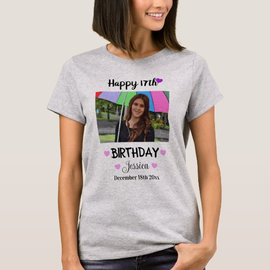 Eigen foto en naam Happy 17th Birthday Women's T-shirt (Voorkant)