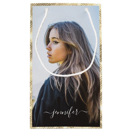 Eigen foto- en tekstgoud unieke feestdag klein cadeauzakje (Achterkant)