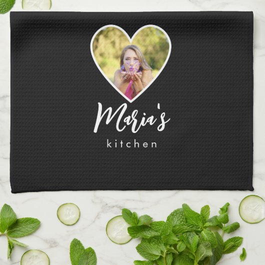 Eigen foto in Black Heart Lijst Moderne kalligrafi Theedoek (Gevouwen)