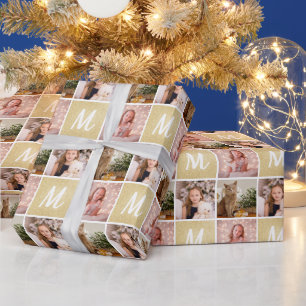 Eigen foto-inklage kerstgouden monogram cadeaupapier