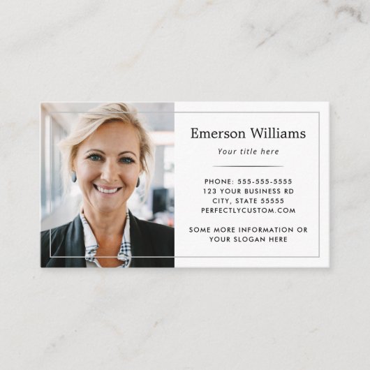 Eigen foto logo wit, dunne rand elegant wit visitekaartje (Voorkant)