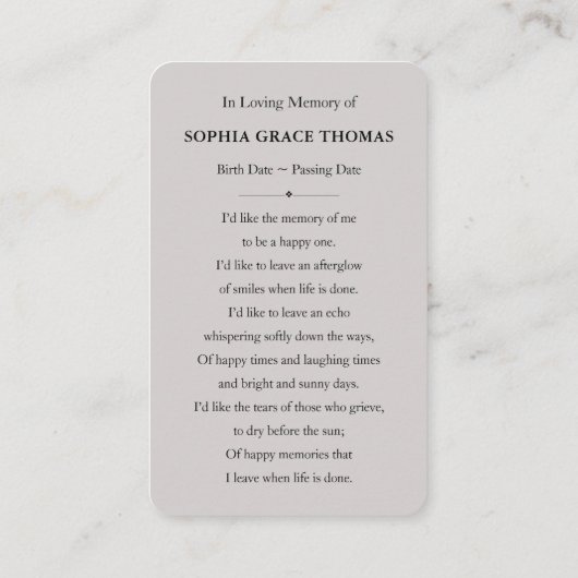 Eigen foto memorial tribute visitekaartje (Achterkant)