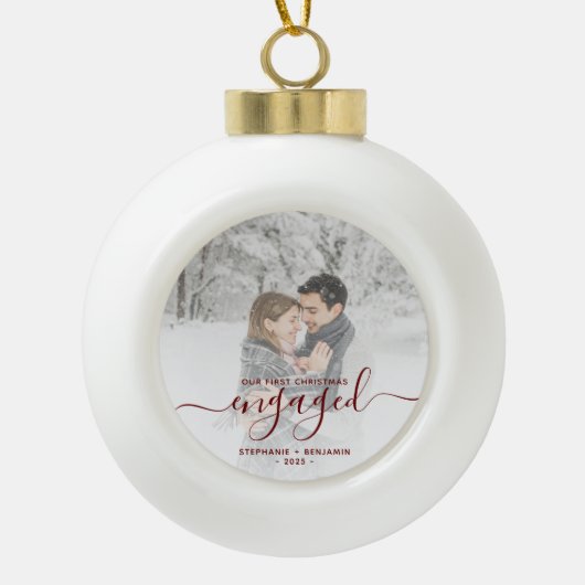 Eigen foto met eerste Kerstmis, rood script Keramische Bal Ornament (Voorkant)